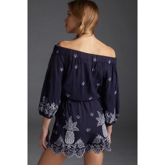 Anthropologie x Farm Rio Jackie Embroidered Romper Navy MSRP $168 Small Petite - Picture 2 of 3
